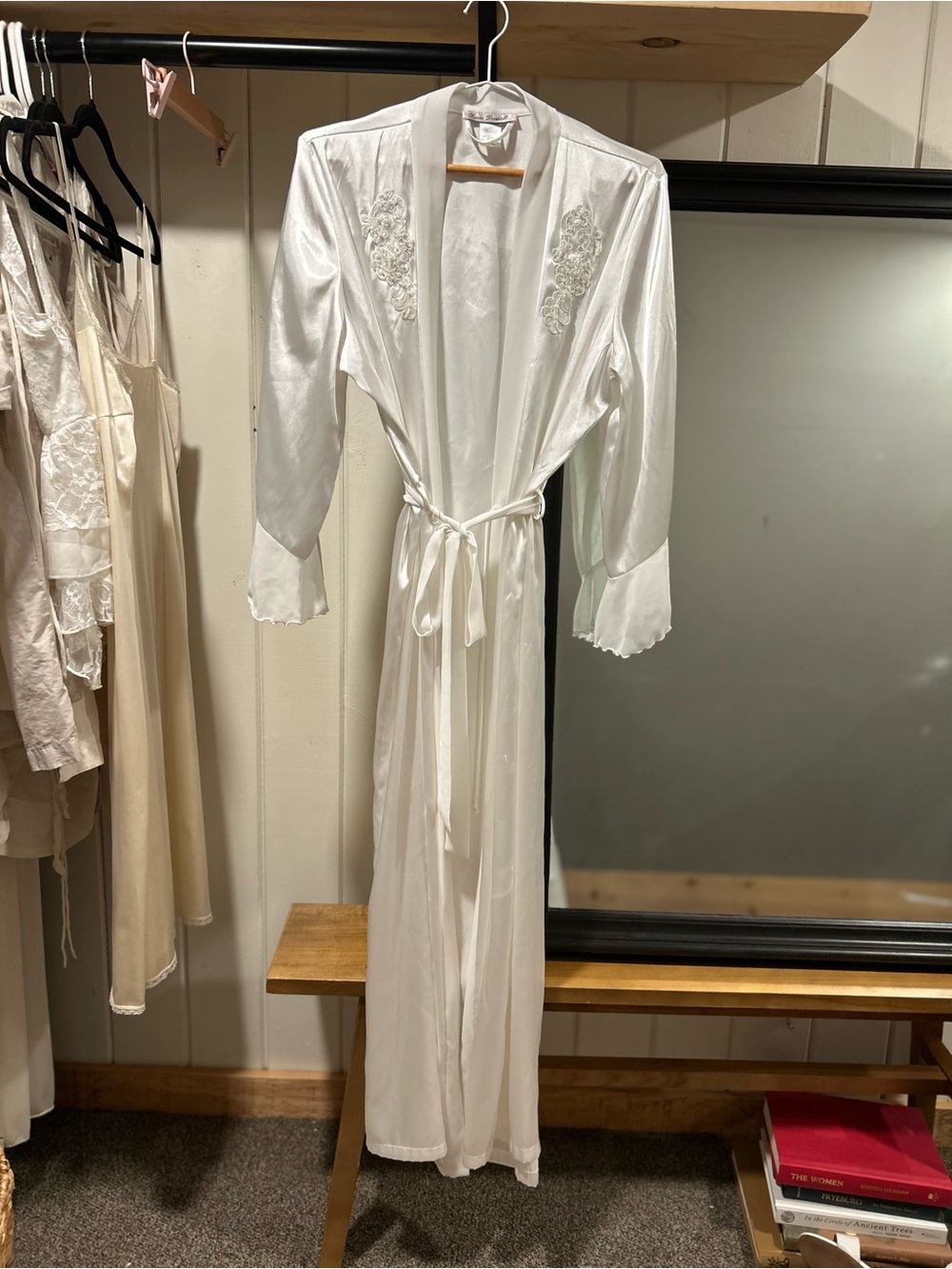 Linea Donatella White Satin Long Robe with Beading Appliqué